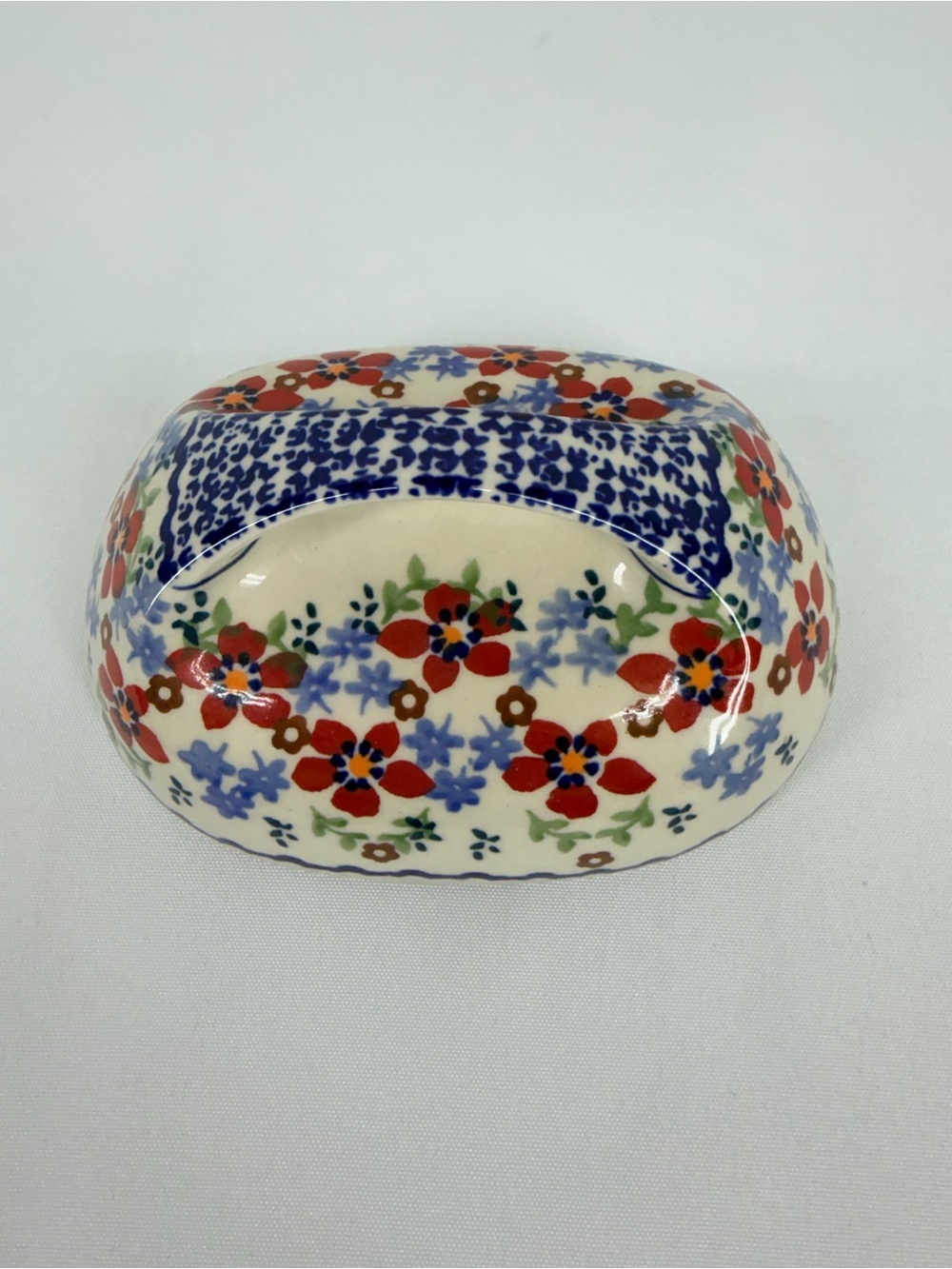 Polish Pottery Red Blue Floral Butter Dish Lid Only 6.5” - Picture 2 of 7